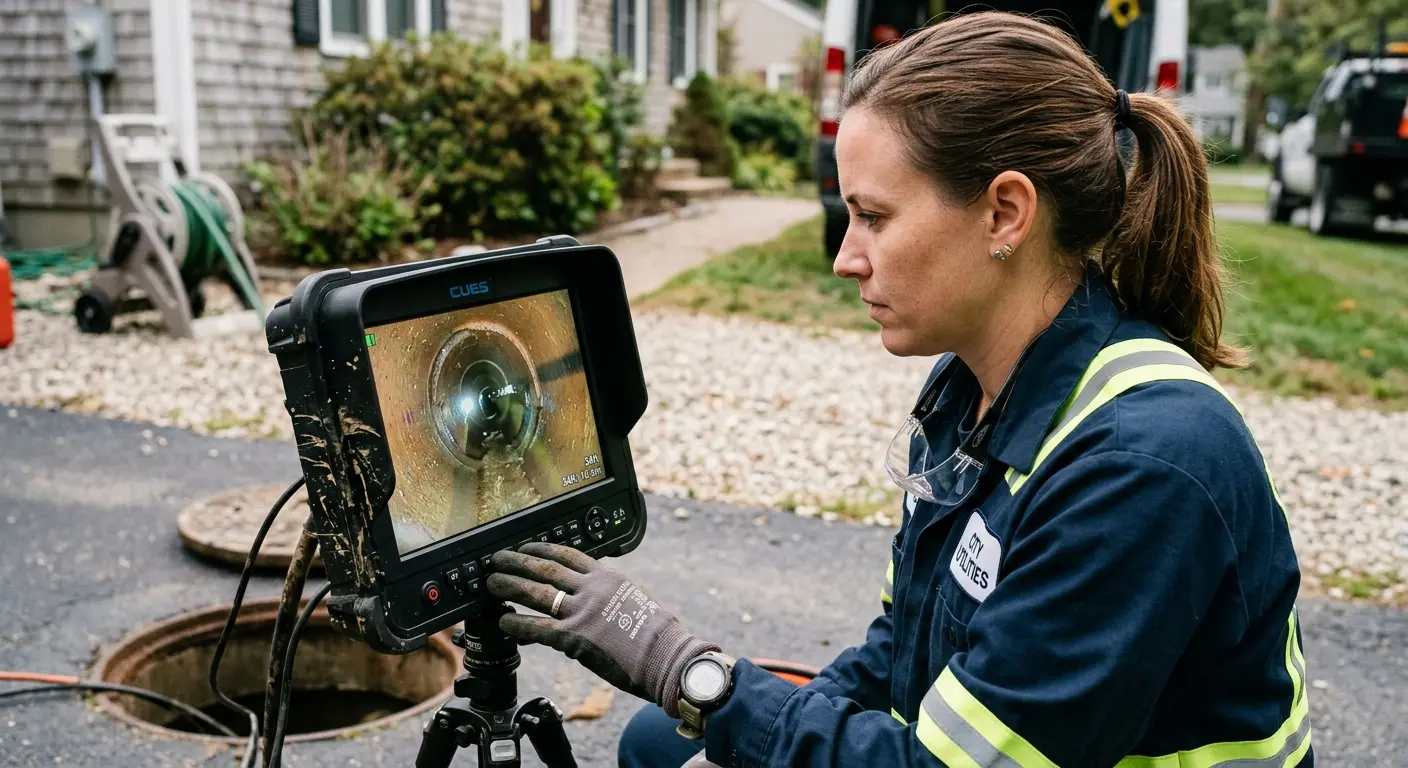 Technician reviewing sewer camera inspection footage in Crestview