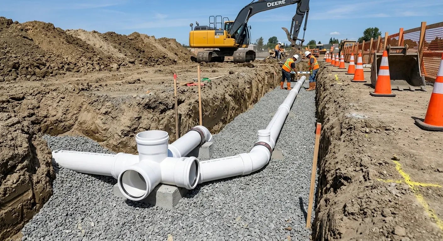 New PVC sewer pipe installation in open trench for Grease Trap Cleaning in Crestview