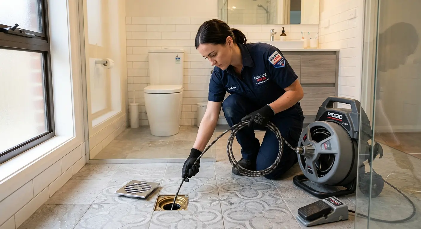 Technician clearing a bathroom floor drain for Hydro Jetting in Crestview